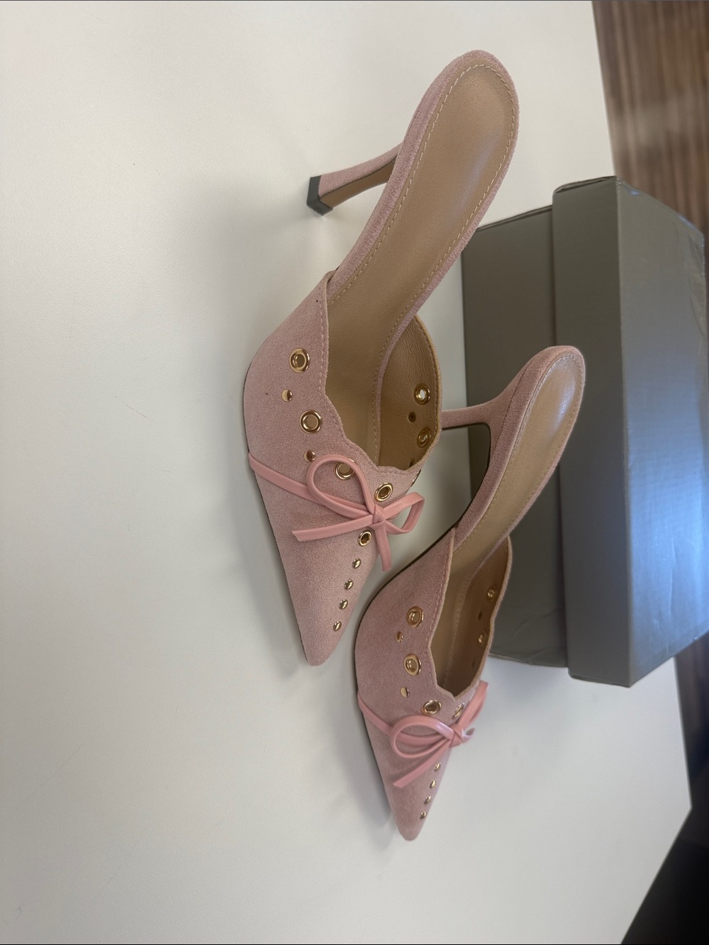 Pink Pointed-Toe Bow Mules with Gold Studs 💕